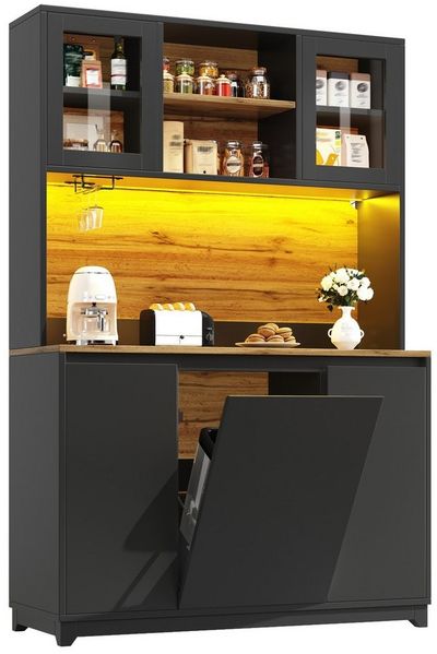 Flieks Küchenbuffet mit LED-Beleuchtung, Mülleimerfächern, Acryltüren und Gläserhalter (120×40×180 cm, 1-St) Hoschschrank Küchenschrank Buffetschrank mit verstellbare Ablagen