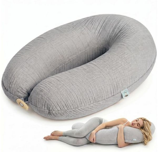 SEI Design Stillkissen Kapok-Füllung XXL 190x35 cm, Musselinbezug Bio-Baumwolle, ergonomisch, Schwangerschaftskissen mit Bezug, Seitenschläferkissen mit Kapok-Füllung, 100% Naturkissen, Musselin-Bezug aus Bio-Baumwolle