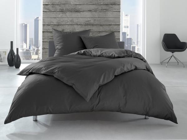 Bettwaesche-mit-Stil Renforcé / Linon Hotelbettwäsche "Lia" 100% Baumwolle anthrazit uni einfarbig Garnitur 200x220 + 2x 80x80cm