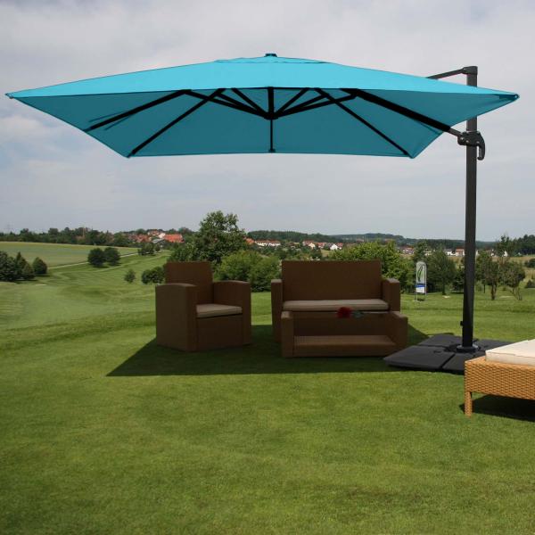 Gastronomie-Ampelschirm HWC-A96, Sonnenschirm, 3x3m (Ø4,24m) Polyester/Alu 23kg ~ türkis mit Ständer, drehbar