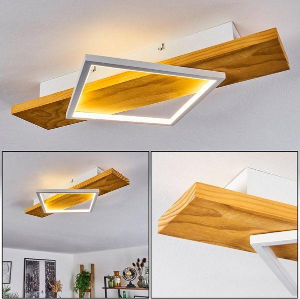 hofstein Deckenleuchte »Palermo« moderne Deckenlampe aus Metall/Holz/Kunststoff in Natur/Weiß, 3000 Kelvin, eckige Leuchte mit Balken aus Echtholz, LED 22, 5 Watt, 2800 Lumen