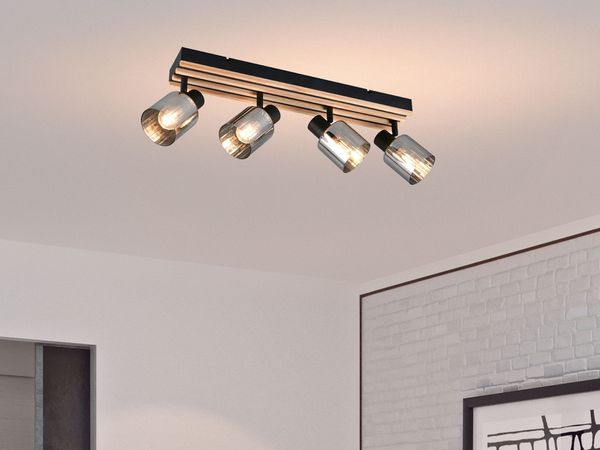 Deckenstrahler TRAVIA 4-flammig, Rauchglas Schwarz & Holzlamellen, Breite 64,5cm