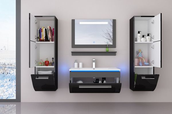Homeline Badmöbel-Set Badmöbel Set Weiß Hochglanz lackiert LED System tauschsystem, (Komplette Set ohne wasch dich Armatur und Ablaufgarnitur, 4-St, Set Angebot), Hochglanz lackiert tauschsystem inklusiv LED