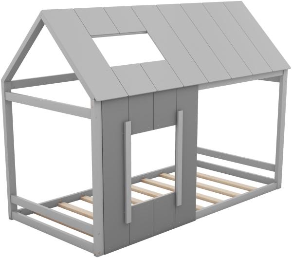 Merax 90 x 200 Kinderbett, Kinderbett in Hausform, Einzelhaus-Flachbett mit Dach und Fenster, Dunkelgrau + Hellgrau