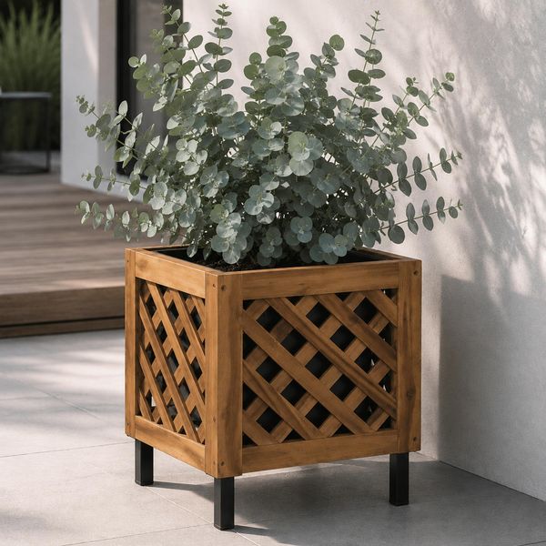 Pflanzkasten HWC-P86, Blumen-/Pflanzkübel Blumenkasten, In-/Outdoor Akazie Holz FSC®-zertifiziert 42 x 34 x 34 cm ~ braun