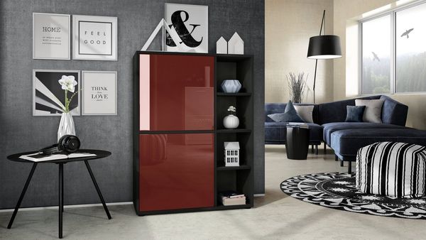 Highboard Schrank Anrichte Cuba mit 8 Fächern, Korpus in Schwarz matt / Fronten in Bordeaux Hochglanz