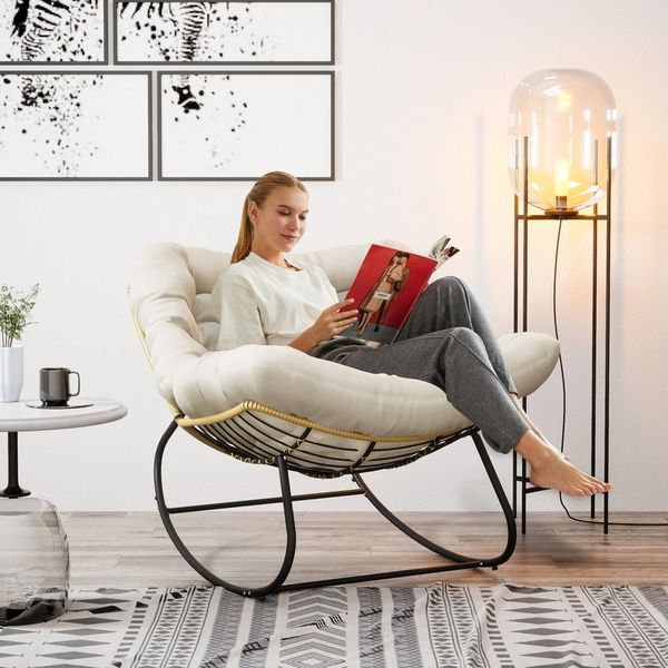 TWSOUL Schaukelsessel mit gepolstertem Kissen, Rattanstuhl Stahlrahmen Loungesessel, B93cm x T59cm x H76cm Bis 170kg Balkon Garten Wohnzimmer Schlafzimmer