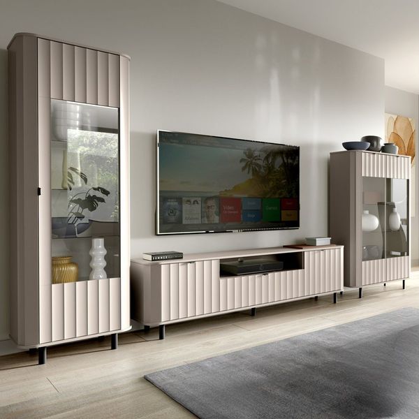 Lomadox Wohnzimmer-Set NASHVILLE-161, (Mega-Spar-Set, 3-St, Vitrine Lowboard Highboard), Wohnzimmer-Set in Taupe, mit Wellen-Optik, modern