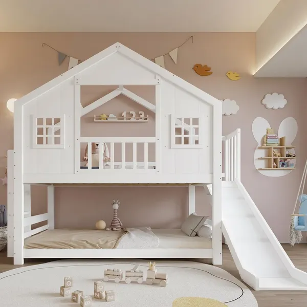 Etagenbett mit 2 Liegeflächen, Lattenrost, Rausfallschutz und Rutsche, 90x200cm, Hausbett, Spielbett, Kinderbett, Kiefer