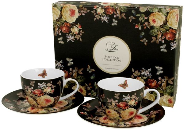 DUO FLORAL 2er-Set Espressotassen 90 ml WARDA mit Untertassen, New Bone China Porzellan