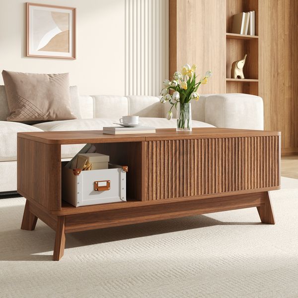 Couchtisch B 95 x T 48 x H 50 cm, anhebbare Tischplatte, Stauraum, MDF in Nussbaum