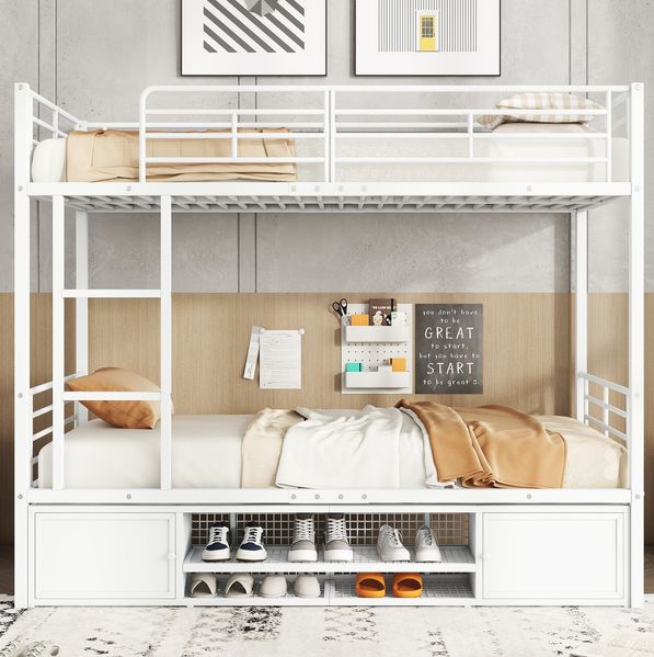 Bett 90x200 cm Etagenbett aus Metall mit Stauraum und Treppe – weißes, robustes Kinder- und Jugendbett