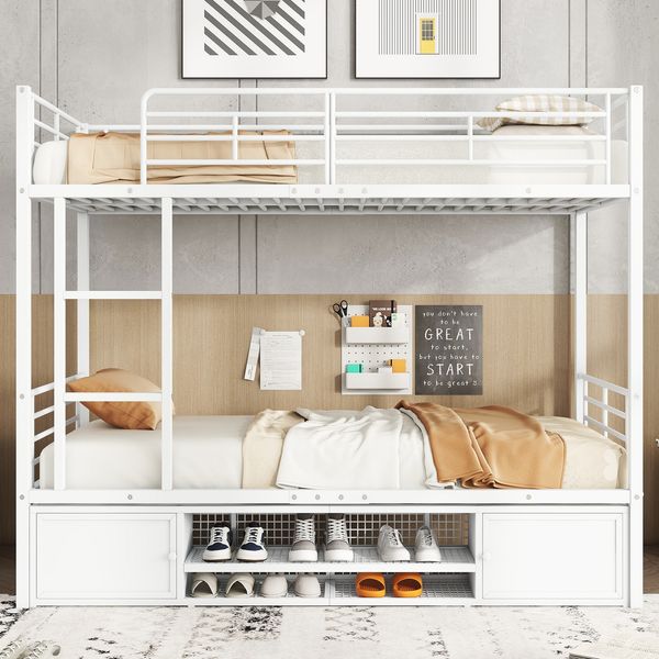 Bett 90x200 cm Etagenbett aus Metall mit Stauraum und Treppe – weißes, robustes Kinder- und Jugendbett