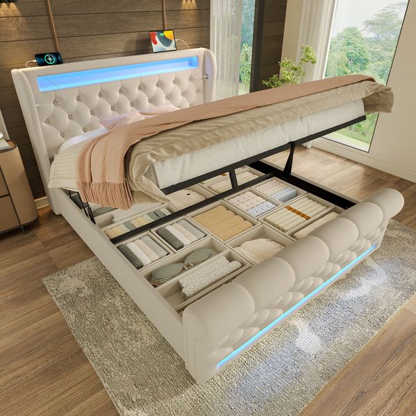 Polsterbett 140x190 cm mit LED, USB-C und Stauraum – Samt in Beige