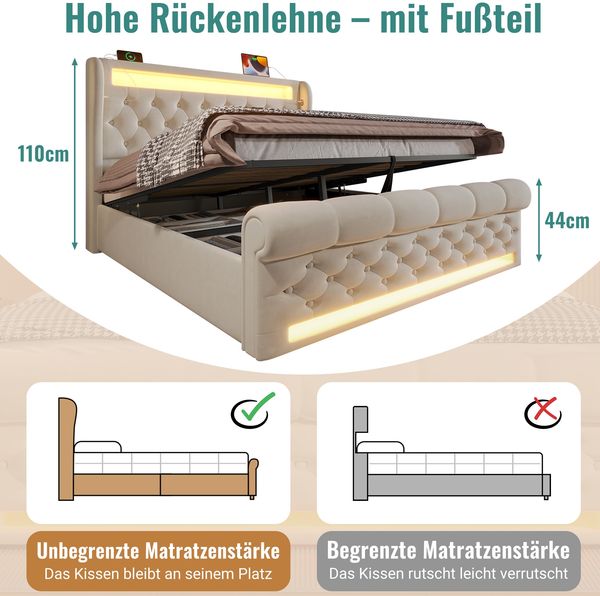 Polsterbett 140x190 cm mit LED, USB-C und Stauraum – Samt in Beige Bild 7