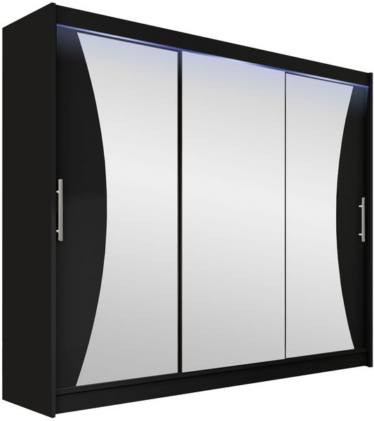 Kleiderschrank Aston IV (Farbe: Schwarz / Spiegel, mit RGB LED Beleuchtung)