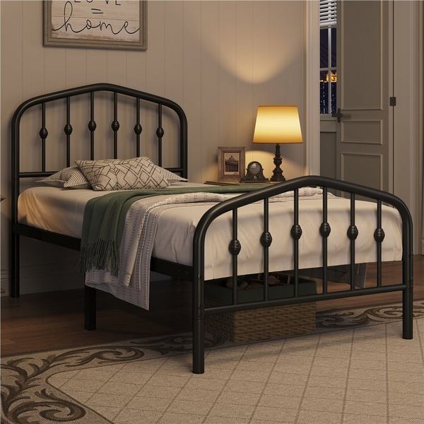 Yaheetech Metallbett mit kronenförmigem Kopfteil und Lattenrost, Schwarz, 90x200 cm