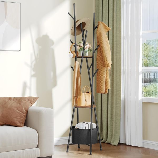 Garderobenständer, Kleiderständer, Garderobe mit 10 Haken und 2 Ablagen, mit Großem Ablagekorb, Metallgestell, für Flur, Wohnzimmer, Schlafzimmer, 48 x 48 x 186 cm, Braun und Schwarz