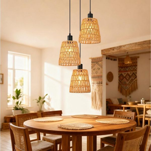 Nettlife Pendelleuchte Boho Rattan Hängelampe Retro höhenverstellbar 1/3 flammige E27, Höhenverstellbar, ohne Leuchtmittel, ob Schlafzimmer Flur Esszimmer Dachboden Küche
