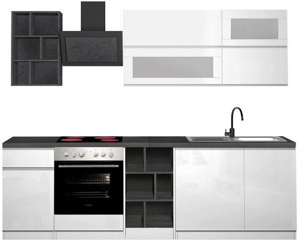Dmora Vollständige Küche Fonti, Set mit Speisekammer, Küchenzeile Schrank, Linearer Blocksatz, 100 % Made in Italy, 255 x 60 x 85 cm, glänzendes Weiß und Schiefer