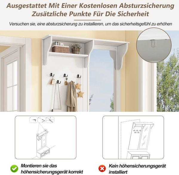 Merax 180cm Garderoben mit Spiegel, 5 Kleiderhaken, 2 Schränken und Regal, Flur Garderobenständer Kleiderständer mit Schuhschrank, Flurgarderoben, Kompaktgarderobe, Weiß Bild 5