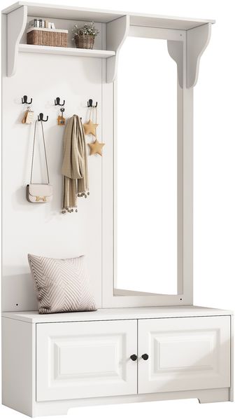 Merax 180cm Garderoben mit Spiegel, 5 Kleiderhaken, 2 Schränken und Regal, Flur Garderobenständer Kleiderständer mit Schuhschrank, Flurgarderoben, Kompaktgarderobe, Weiß Bild 10