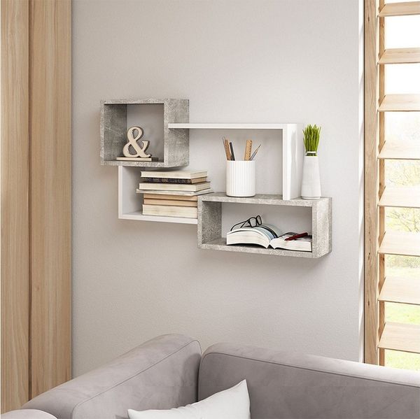 Selsey Kassi - Wandregal/Hängeregal/Bücherregal in Betonoptik/Weiß Matt 54x87 cm, 30 x 30 x 50 cm