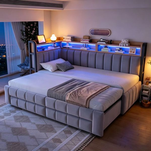 Merax Polsterbett, Schlafsofa 90/180 × 200 cm, Mit Ausziehbarem Bettteil und Stauraumschubladen, Mit Ablage und Staufächern, Mit LED-Beleuchtung, USB- und Typ-C-Anschlüssen, Samtstoff, Hellgrau