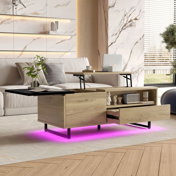 Höhenverstellbarer Couchtisch mit LED-Beleuchtung – elegantes Design in Naturholzoptik und Metallgestell