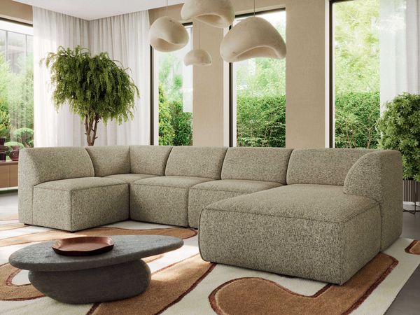 Modulares XXL-Ecksofa MODARO 5M, U-Form, Wohnlandschaft, 5-teilig, freistehend, Wohnzimmer Couch, HR-Schaumstoff - Taupe Stukture - Rechts