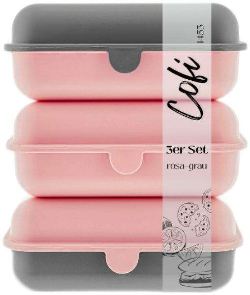 Cofi Brotdosen 3er-Set – Lunchbox / Frühstücksbox – BPA-frei, spülmaschinenfest, stapelbar, 1600 ml Rosa-Grau