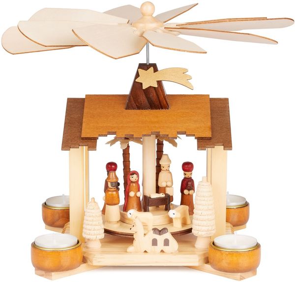BRUBAKER Weihnachtspyramide 28 cm Holzpyramide - Krippe mit Jesus, Maria, Josef und Betlehem Stern, Teelichtpyramide aus Holz für Weihnachten - Handbemalt - Braun