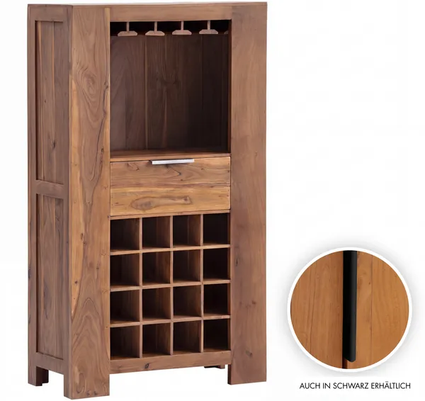 Barschrank Bar-Highboard massivum Osbon Akazie Massivholz braun 80 x 145 x 45 cm Getränkeschrank Weinschrank Hausbar Flaschenregal silber Griff