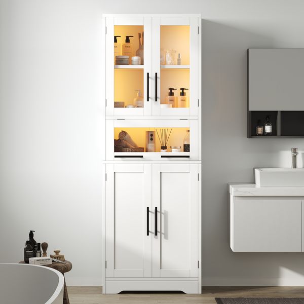 Flieks LED-Hochschrank 60 x 30 x 170 cm, Mehrzweckschrank mit Glastüren, App-gesteuerter Beleuchtung und verstellbaren Böden, Weiß