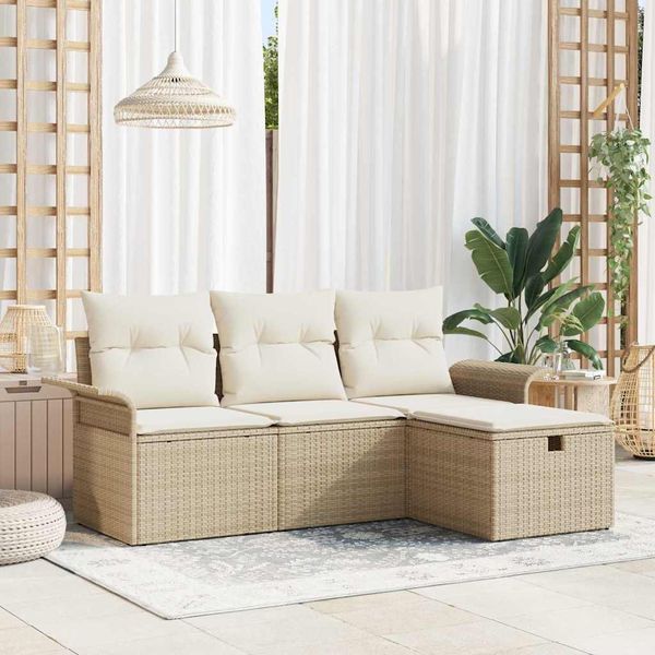 vidaXL Garten-Sofa-Set mit Kissen mit Speicher 4 pcs Beige Poly Rattan 3360182