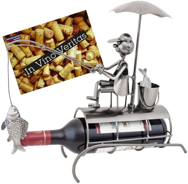 BRUBAKER Weinflaschenhalter Angler mit Sonnenschirm Flaschenhalter, (inklusive Grußkarte), Weinhalter Metall Skulptur, Wein Geschenk