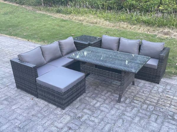 Fimous Polyrattan Gartenmöbel Set Terrassen Rattan Rechteckiger Esstisch Lounge Sofa mit Großer Fußhocker Beistelltisch 7 Sitzer Dunkelgrau gemischt