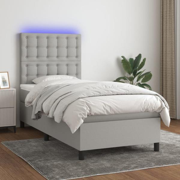 Boxspringbett mit Matratze & LED Stoff Hellgrau 90x200 cm, Härtegrad: H2 [3135165]