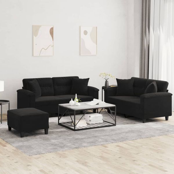 vidaXL 3-tlg. Sofagarnitur mit Kissen Schwarz Mikrofasergewebe 3202335
