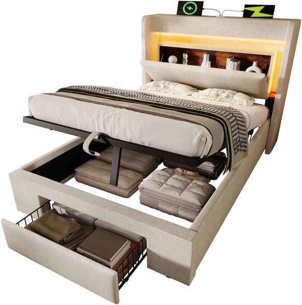 Polsterbett 90×200 cm mit Bettkasten, LED, USB/USB-C, Kopfteil mit Stauraum, Beige, ohne Matratze Bild 7