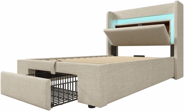 Polsterbett 90×200 cm mit Bettkasten, LED, USB/USB-C, Kopfteil mit Stauraum, Beige, ohne Matratze Bild 6