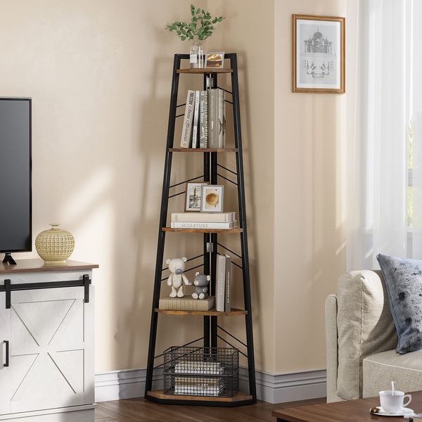 YITAHOME Industrielles Eckregal mit 5 Ebenen, modernes bodenstehendes Bücherregal, Leiterregal, Holz, rustikales braunes Ausstellungsregal für Wohnzimmer, Flur, Heimbüro