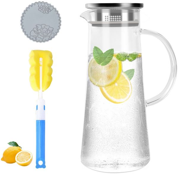 ElitVita Wasserkaraffe 1,5L Glaskaraffe, mit Edelstahldeckel, Griffen, Filter, -30°C~150°C, (1-tlg), Karaffe für heißes/kaltes Wasser Eistee Saft Getränke Wein