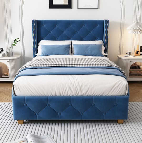 Polsterbett 90x200 cm aus Samt in Blau – mit Lattenrost, Kopfteil und Knopfheftung