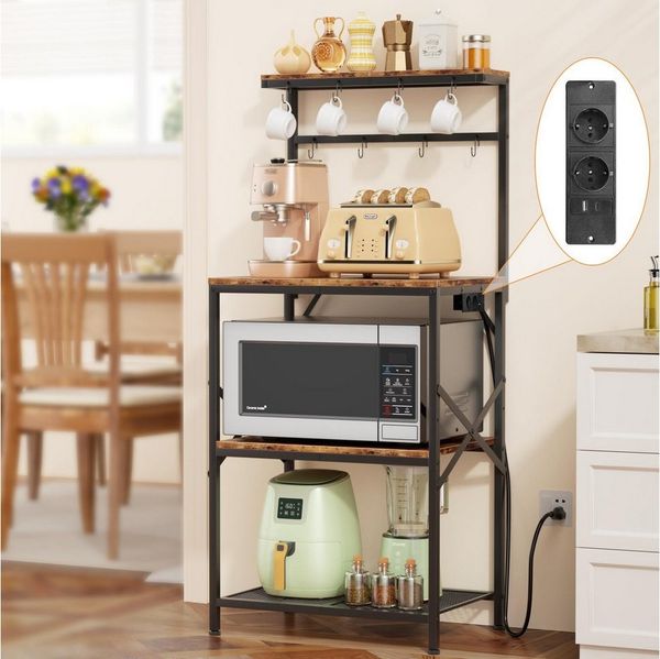 BBWL Standregal Mikrowellenregal aus Holz & Metall mit 2 Steckdosen, Anti-Kipp-Schutz, höhenverstellbaren Füßen, Haken und Sicherheits-Schalter, 53 x 36 x 125,5 cm