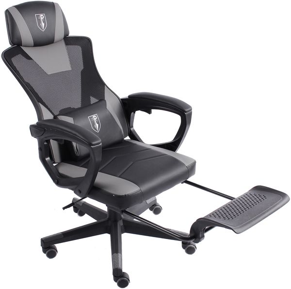 Gaming Stuhl im modernen Racing-Design mit einklappbarer Fußstütze - Gaming Chair mit flexiblen Armlehnen - ergonomischer Gaming Schreibtischstuhl mit extra Stützkissen Schwarz/Grau