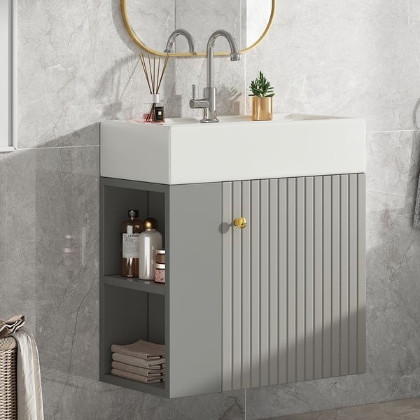 Flieks Waschtisch 55 x 31 x 66.5 cm, wandhängender Badezimmerschrank mit Keramikwaschbecken, Seitregal, Soft-Close Tür, Grau