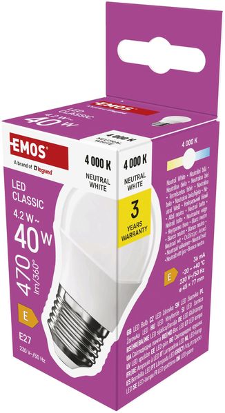 EMOS LED Lampe Mini Globe, 4,2W Ersatz für 40W Glühbirne, kleine Birne mit E27 Sockel, Helligkeit 470 lm, Neutralweiß 4000 K, 30000 h Lebensdauer, CRI min. 80, 150° Abstrahlwinkel