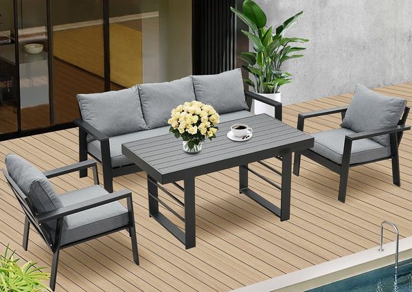 MeXo Gartenlounge-Set Gartenmöbel Set Aluminium 5-6 Personen, wetterfest, (Garten Essgruppe, Belastbarkeit pro Sitzplatz 140 kg, 4-tlg, mit ergonomischen Sesseln und extra dicken Kissen), Dining Loungeset Outdoor für Essen & Entspannen im Freien
