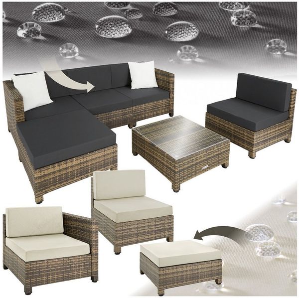 tectake Loungeset Rattan Sitzgruppe mit Aluminiumgestell, für 4 bis 5 Personen, (Gartenlounge-set, 6-tlg, geeignet für Outdoor in Natur), wetterfest und UV-beständig, Dicke der Polster 10 cm mit 2 Bezugssets
